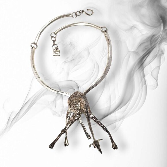 Vintage Giraffe Silvertone Statement Necklace & Brooch Set 3D Safari Jewelry - Picture 2 of 13